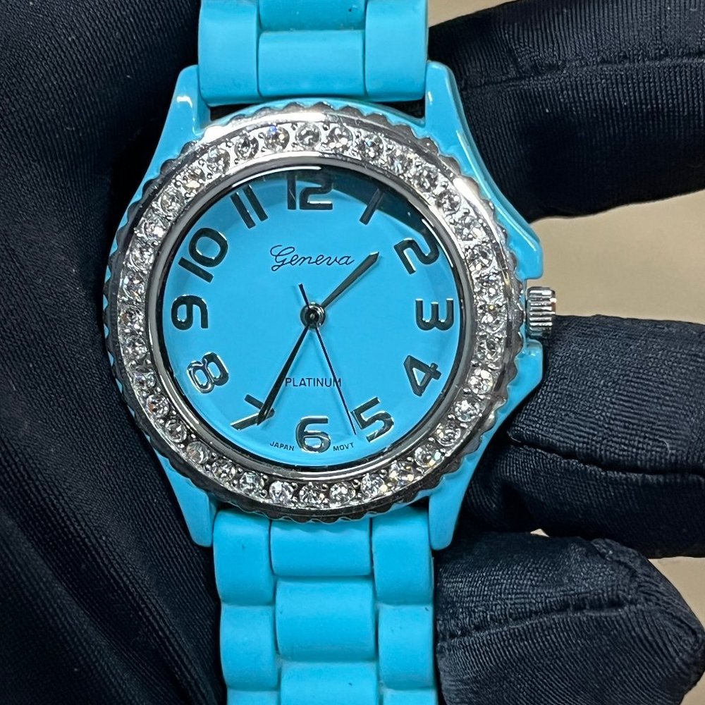 3/$25 Ladies Geneva Platinum Silver Tone Blue Poly Band NEW BATTERY WORKS